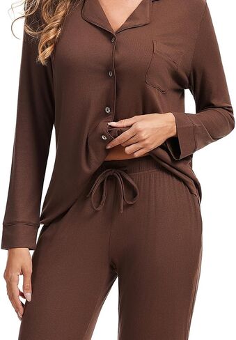 Women's Pajama Sets Long Sleeve Button Down Sleepwear Soft 2 Piece Pjs Ribbed Knit Lounge Set Nightwear in Saudi Arabia