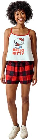 Hello Kitty Women's 2-Pack White A-Line Cami & Red Buffalo Plaid Woven Lounge Shorts Sleep Set in Saudi Arabia