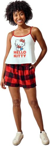 Hello Kitty Women's 2-Pack White A-Line Cami & Red Buffalo Plaid Woven Lounge Shorts Sleep Set in Saudi Arabia