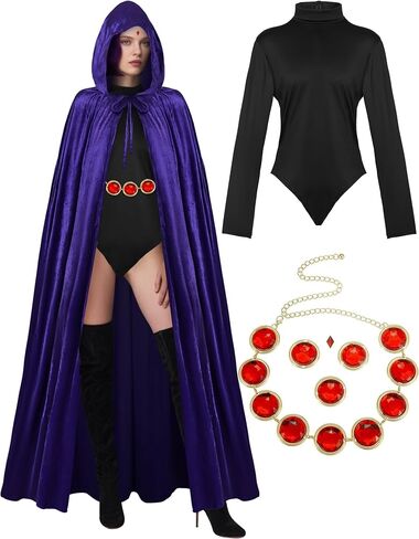 Halloween Cosplay Costume for Women Purple Hooded Cloak Cape Long Sleeve Bodysuits with Red Gem Chain Belt in Saudi Arabia