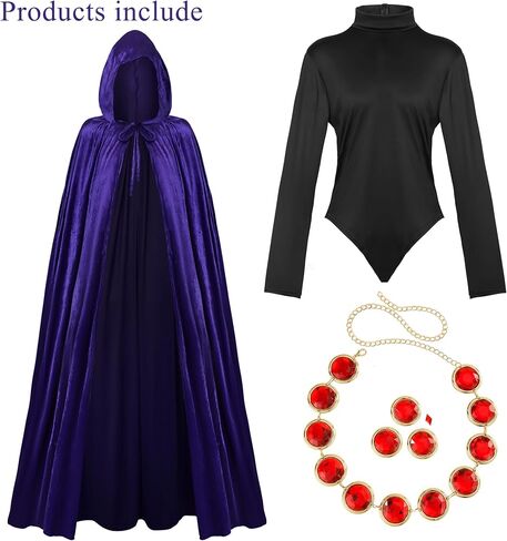 Halloween Cosplay Costume for Women Purple Hooded Cloak Cape Long Sleeve Bodysuits with Red Gem Chain Belt in Saudi Arabia