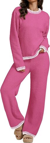 luvamia Two Piece Lounge Sets for Women Fuzzy Long Sleeve Knitted Sweater Contrast Trim Casual Warm Pajama Matching Set in Saudi Arabia