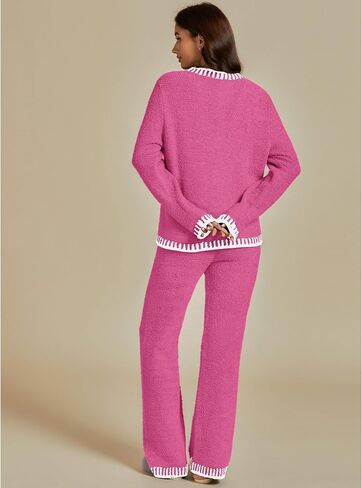luvamia Two Piece Lounge Sets for Women Fuzzy Long Sleeve Knitted Sweater Contrast Trim Casual Warm Pajama Matching Set in Saudi Arabia