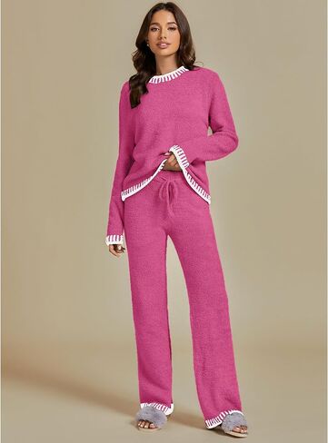 luvamia Two Piece Lounge Sets for Women Fuzzy Long Sleeve Knitted Sweater Contrast Trim Casual Warm Pajama Matching Set in Saudi Arabia