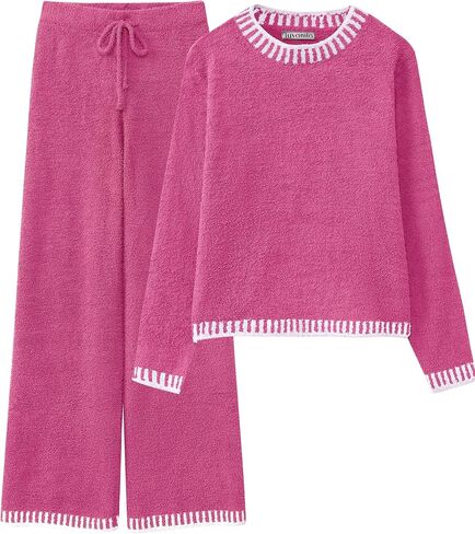 luvamia Two Piece Lounge Sets for Women Fuzzy Long Sleeve Knitted Sweater Contrast Trim Casual Warm Pajama Matching Set in Saudi Arabia