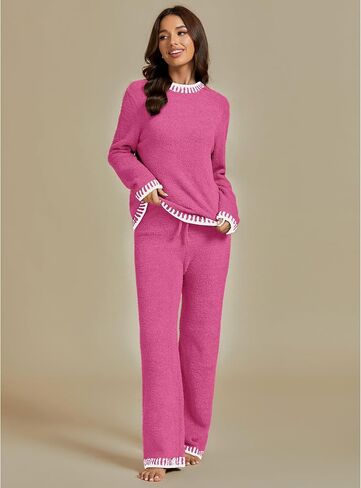 luvamia Two Piece Lounge Sets for Women Fuzzy Long Sleeve Knitted Sweater Contrast Trim Casual Warm Pajama Matching Set in Saudi Arabia