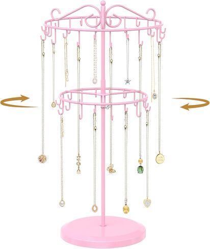 MODOWEY Necklace Holder Organizer Rotating Display, 42 Hooks Stand Adjustable Tree for Long Chain Storage, 2 Tier Tabletop tall Metal Hanger Rack for Men Women, No More Tangled Pendant Jewelry, Pink in Saudi Arabia