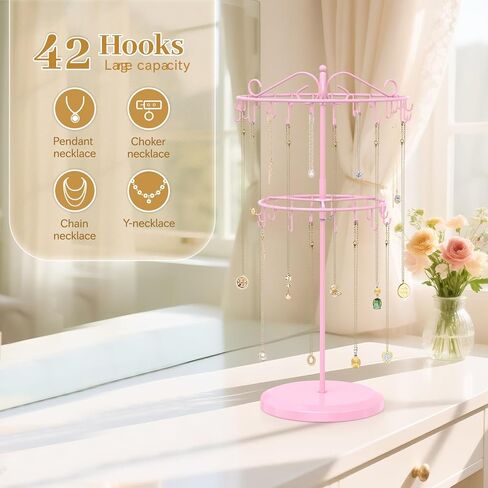 MODOWEY Necklace Holder Organizer Rotating Display, 42 Hooks Stand Adjustable Tree for Long Chain Storage, 2 Tier Tabletop tall Metal Hanger Rack for Men Women, No More Tangled Pendant Jewelry, Pink in Saudi Arabia