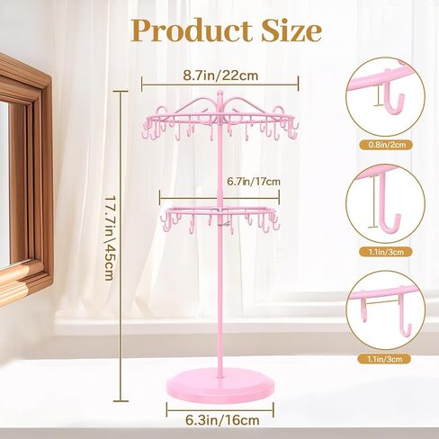 MODOWEY Necklace Holder Organizer Rotating Display, 42 Hooks Stand Adjustable Tree for Long Chain Storage, 2 Tier Tabletop tall Metal Hanger Rack for Men Women, No More Tangled Pendant Jewelry, Pink in Saudi Arabia
