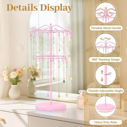 MODOWEY Necklace Holder Organizer Rotating Display, 42 Hooks Stand Adjustable Tree for Long Chain Storage, 2 Tier Tabletop tall Metal Hanger Rack for Men Women, No More Tangled Pendant Jewelry, Pink in Saudi Arabia