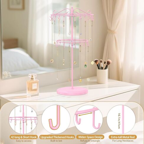 MODOWEY Necklace Holder Organizer Rotating Display, 42 Hooks Stand Adjustable Tree for Long Chain Storage, 2 Tier Tabletop tall Metal Hanger Rack for Men Women, No More Tangled Pendant Jewelry, Pink in Saudi Arabia