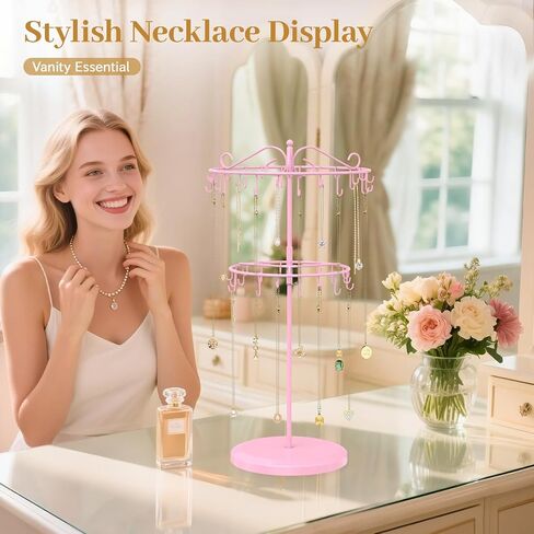 MODOWEY Necklace Holder Organizer Rotating Display, 42 Hooks Stand Adjustable Tree for Long Chain Storage, 2 Tier Tabletop tall Metal Hanger Rack for Men Women, No More Tangled Pendant Jewelry, Pink in Saudi Arabia