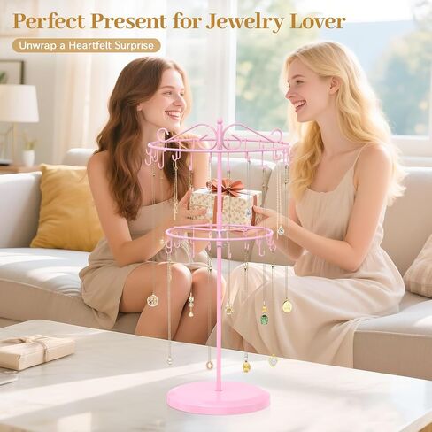 MODOWEY Necklace Holder Organizer Rotating Display, 42 Hooks Stand Adjustable Tree for Long Chain Storage, 2 Tier Tabletop tall Metal Hanger Rack for Men Women, No More Tangled Pendant Jewelry, Pink in Saudi Arabia