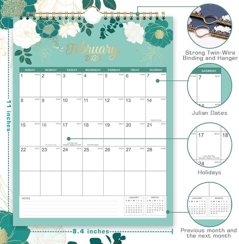 تقويم حائط 2025 - تقويم 2025، تقويم حائط من يناير 2025 إلى ديسمبر 2025، 8.4 بوصة × 11 بوصة، ربط بسلك مزدوج، خطاف تعليق، العطلات in Kuwait