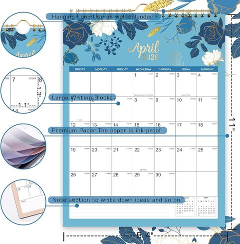 تقويم حائط 2025 - تقويم 2025، تقويم حائط من يناير 2025 إلى ديسمبر 2025، 8.4 بوصة × 11 بوصة، ربط بسلك مزدوج، خطاف تعليق، العطلات in Kuwait