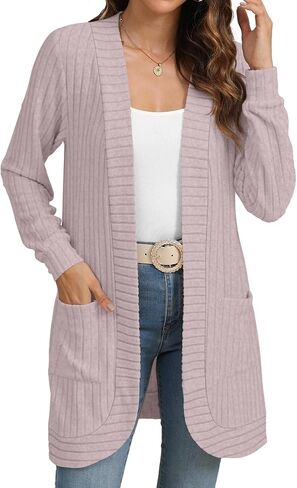 سترة نسائية YSYOKOW بأكمام طويلة ومفتوحة من الأمام، كاجوال خفيفة الوزن وطويلة، ملابس خارجية محبوكة فضفاضة مع جيوب in Kuwait