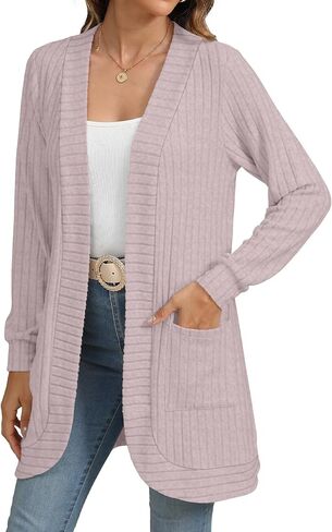 سترة نسائية YSYOKOW بأكمام طويلة ومفتوحة من الأمام، كاجوال خفيفة الوزن وطويلة، ملابس خارجية محبوكة فضفاضة مع جيوب in Kuwait