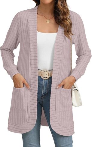 سترة نسائية YSYOKOW بأكمام طويلة ومفتوحة من الأمام، كاجوال خفيفة الوزن وطويلة، ملابس خارجية محبوكة فضفاضة مع جيوب in Kuwait