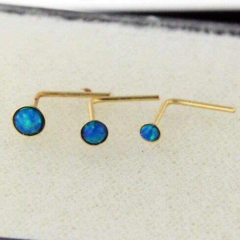Bezel Set Opal Stone 9K Solid Yellow Gold 22 Gauge L Shape Nose Stud- Tiny Nose Ring- Gold Nose Piercing Body Jewelry in Saudi Arabia
