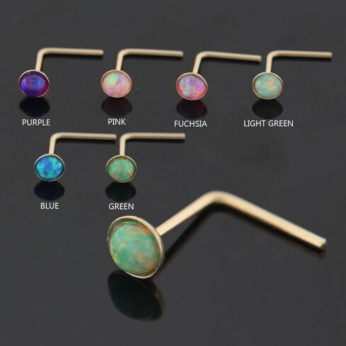 Bezel Set Opal Stone 9K Solid Yellow Gold 22 Gauge L Shape Nose Stud- Tiny Nose Ring- Gold Nose Piercing Body Jewelry in Saudi Arabia