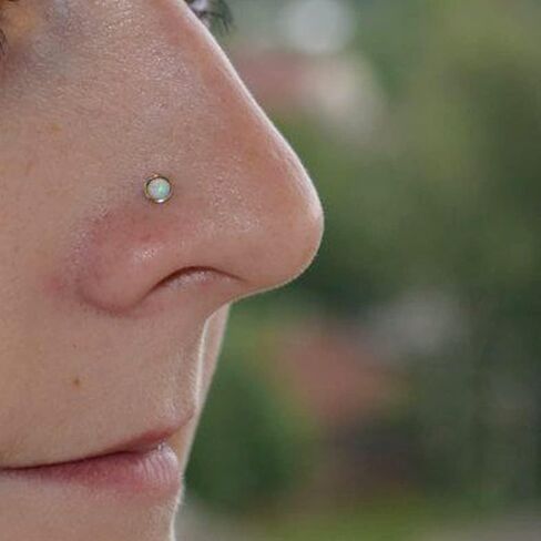 Bezel Set Opal Stone 9K Solid Yellow Gold 22 Gauge L Shape Nose Stud- Tiny Nose Ring- Gold Nose Piercing Body Jewelry in Saudi Arabia