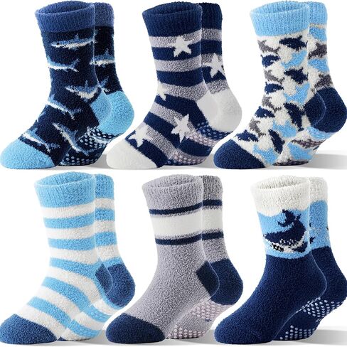 Boys Kids Toddlers Fuzzy Grips Socks Non Slip Cozy Fluffy Warm Winter Crew Cabin Fun Slipper Socks 6 Pairs in Saudi Arabia
