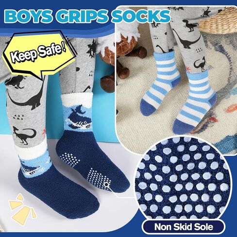 Boys Kids Toddlers Fuzzy Grips Socks Non Slip Cozy Fluffy Warm Winter Crew Cabin Fun Slipper Socks 6 Pairs in Saudi Arabia