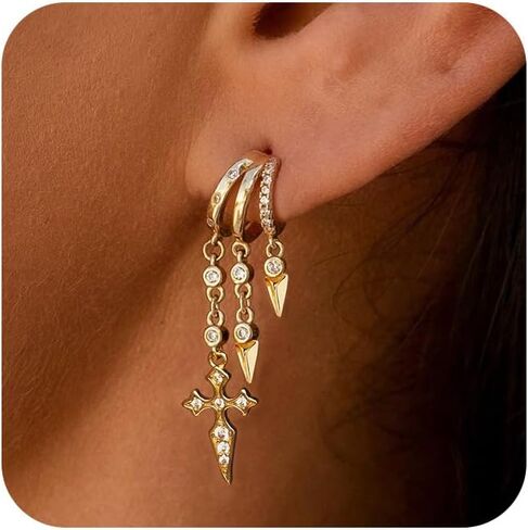 Dangle Earrings For Women,Dainty 14K Gold Plated Hypoallergenic Small Triple Huggie Hoop Earring Gothic Cute Cross Moon Star Drop Earrings For Women Trendy Gold Statement Stud Earring Jewelry in Saudi Arabia
