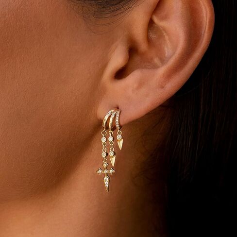 Dangle Earrings For Women,Dainty 14K Gold Plated Hypoallergenic Small Triple Huggie Hoop Earring Gothic Cute Cross Moon Star Drop Earrings For Women Trendy Gold Statement Stud Earring Jewelry in Saudi Arabia