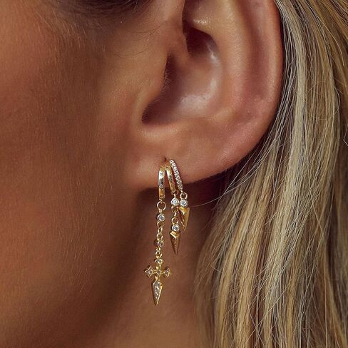 Dangle Earrings For Women,Dainty 14K Gold Plated Hypoallergenic Small Triple Huggie Hoop Earring Gothic Cute Cross Moon Star Drop Earrings For Women Trendy Gold Statement Stud Earring Jewelry in Saudi Arabia
