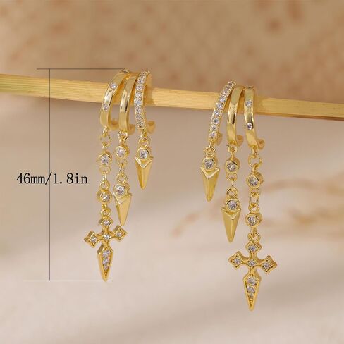 Dangle Earrings For Women,Dainty 14K Gold Plated Hypoallergenic Small Triple Huggie Hoop Earring Gothic Cute Cross Moon Star Drop Earrings For Women Trendy Gold Statement Stud Earring Jewelry in Saudi Arabia
