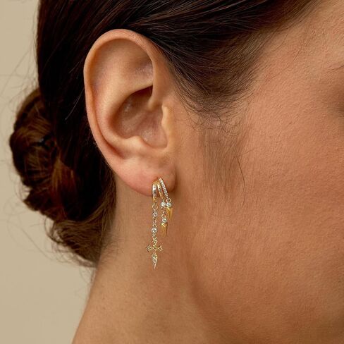 Dangle Earrings For Women,Dainty 14K Gold Plated Hypoallergenic Small Triple Huggie Hoop Earring Gothic Cute Cross Moon Star Drop Earrings For Women Trendy Gold Statement Stud Earring Jewelry in Saudi Arabia