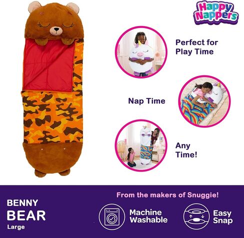 Happy Nappers: وسادة وكيس سليبي: كبير - الدب البني بيني - 66 × 30، 2 في 1: حيوان قطيفة يفتح على كيس النوم، شخصية لعب ناعمة، للأطفال بعمر 3 سنوات فما فوق in Kuwait