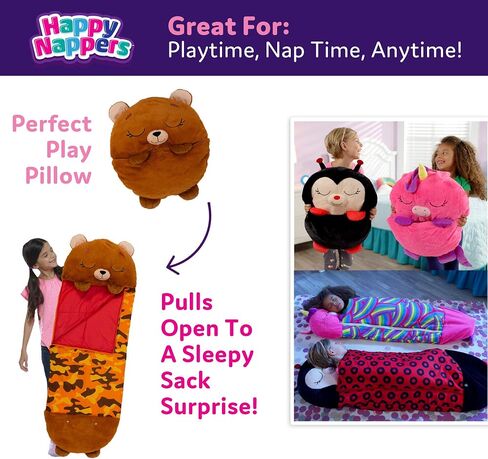 Happy Nappers: وسادة وكيس سليبي: كبير - الدب البني بيني - 66 × 30، 2 في 1: حيوان قطيفة يفتح على كيس النوم، شخصية لعب ناعمة، للأطفال بعمر 3 سنوات فما فوق in Kuwait