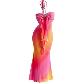 GORGLITTER Women's Metallic Floral Ombre Cocktail Maxi Dresses Halter Sunset Fishtail Bodycon Long Dress in Saudi Arabia
