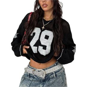 Verdusa Women's Y2k Clothes Going Out Tops Oversized Crochet Jersey Shirts Graphic V Neck Pullover Sweater Black Large in Saudi Arabia