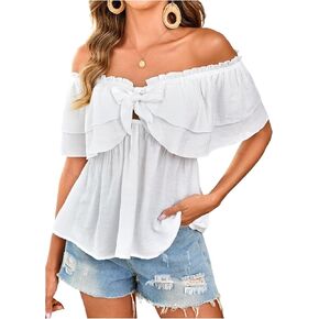 SweatyRocks Women's Off The Shoulder Peplum Blouse Short Sleeve Tie Front Ruffle Flowy Top in Saudi Arabia