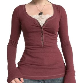 Women Fairy Grunge Shirts Y2K Fall Tops Long Sleeve Lace Trim Tee Teen Girls Vintage Slim Blouse Aesthetic Clothes in Kuwait