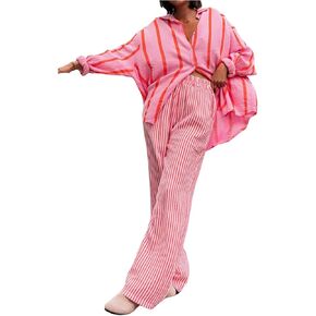 سراويل Verdusa النسائية من الكتان سراويل مخططة ملابس الشارع للإجازات سراويل فضفاضة بأرجل مستقيمة in Kuwait