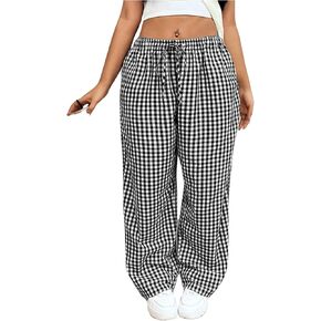 Floerns Women's Plus Size Drawstring Waist Gingham Plaid Baggy Wide Leg Pants in Saudi Arabia