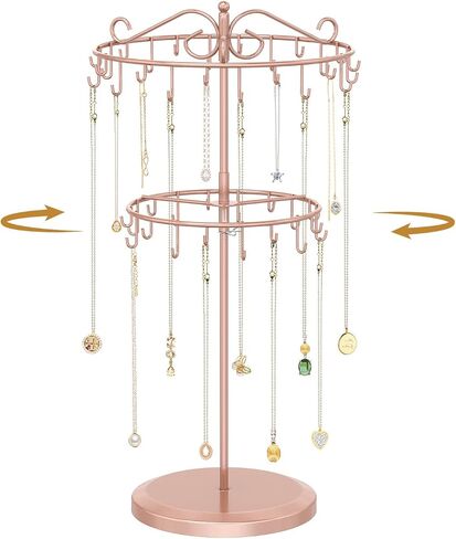 MODOWEY Necklace Holder Organizer Rotating Display, 42 Hooks Stand Adjustable Tree for Long Chain Storage, 2 Tier Tabletop tall Metal Hanger Rack for Men Women, No More Tangled Pendant Jewelry, Pink in Saudi Arabia