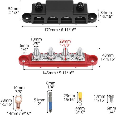 QWORK 250A/12V Dual Bus Bar, 12V Power Distribution Block with 4x 3/8" Studs and 3x #8 Screw Terminals, for Automotive, Marine in Saudi Arabia