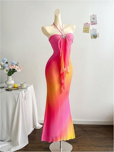 GORGLITTER Women's Metallic Floral Ombre Cocktail Maxi Dresses Halter Sunset Fishtail Bodycon Long Dress in Saudi Arabia