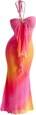 GORGLITTER Women's Metallic Floral Ombre Cocktail Maxi Dresses Halter Sunset Fishtail Bodycon Long Dress in Saudi Arabia