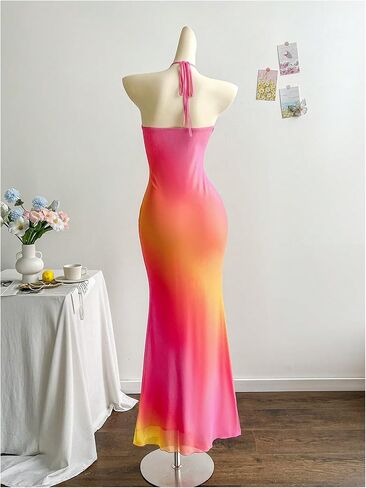 GORGLITTER Women's Metallic Floral Ombre Cocktail Maxi Dresses Halter Sunset Fishtail Bodycon Long Dress in Saudi Arabia