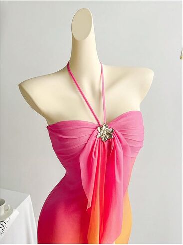 GORGLITTER Women's Metallic Floral Ombre Cocktail Maxi Dresses Halter Sunset Fishtail Bodycon Long Dress in Saudi Arabia