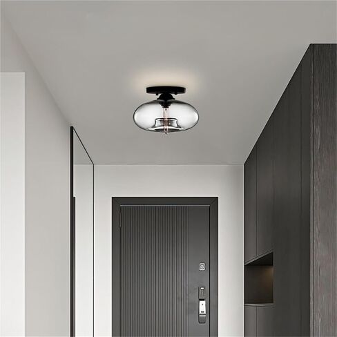 LNPTAL Vintage Glass Semi Flush Mount Ceiling Light, Mid-Century Modern Close to Ceiling Lamp Fixture, Oval Ceiling Lighting for Hallway, Foyer, Bedroom, Living Room(Blue) in Saudi Arabia