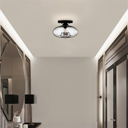 LNPTAL Vintage Glass Semi Flush Mount Ceiling Light, Mid-Century Modern Close to Ceiling Lamp Fixture, Oval Ceiling Lighting for Hallway, Foyer, Bedroom, Living Room(Blue) in Saudi Arabia
