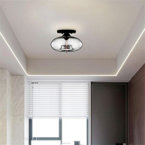 LNPTAL Vintage Glass Semi Flush Mount Ceiling Light, Mid-Century Modern Close to Ceiling Lamp Fixture, Oval Ceiling Lighting for Hallway, Foyer, Bedroom, Living Room(Blue) in Saudi Arabia