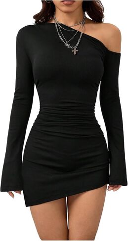GORGLITTER Women's Off The Shoulder Bodycon Mini Dresses Ruched Long Sleeve Asymmetrical Cocktail Pencil Party Short Dress in Saudi Arabia